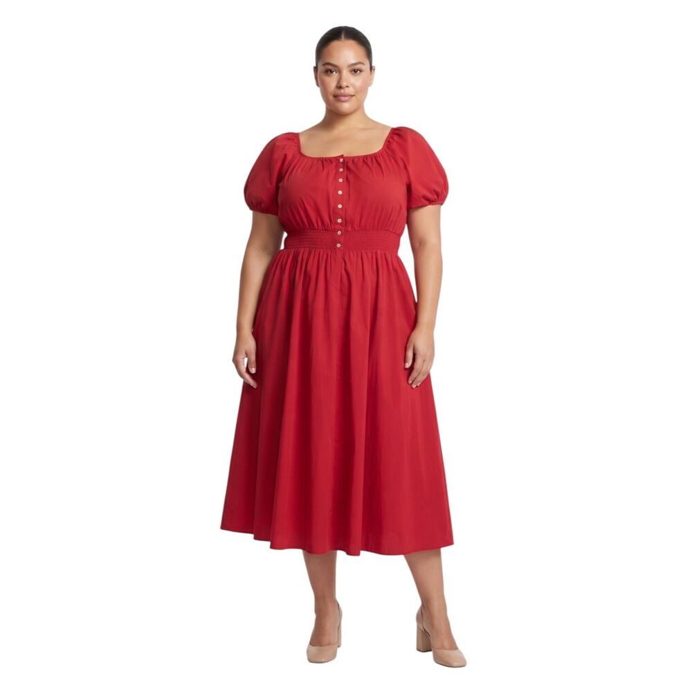 Gardenwed Red Smocked Waist Midi Dress XXL